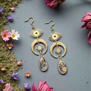 Gold Sun & Crescent Moon Earrings with Real Pressed Flowers, Resin Botanical